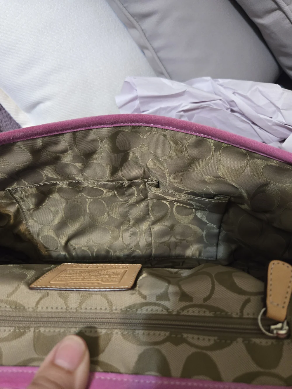Coach Pink Suede Shoulder Bag with Tan Leather Trim - Picture 7 of 10